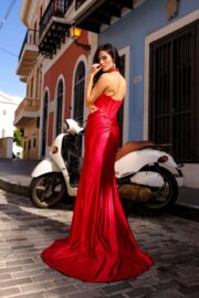Satin Halter Top Sheer Boned Waist Gown - Image 10