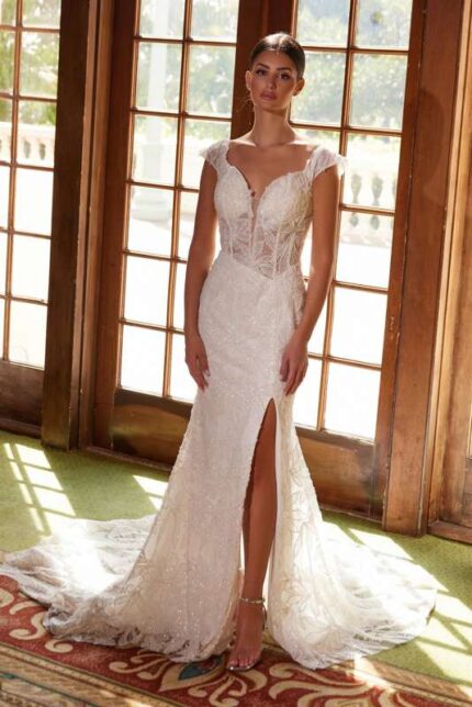 Cap Sleeve Beaded Applique Lace Up Wedding Dress