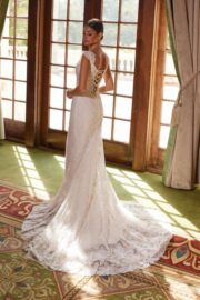 Cap Sleeve Beaded Applique Lace Up Wedding Dress - Image 2