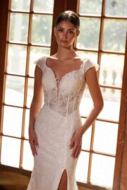 Cap Sleeve Beaded Applique Lace Up Wedding Dress - Image 3