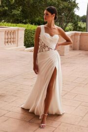 Pleated One Shoulder Appliqued Corset Wedding Dress