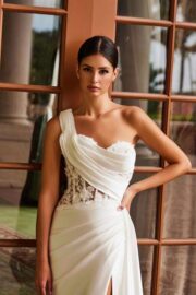Pleated One Shoulder Appliqued Corset Wedding Dress - Image 4