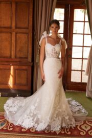Bow Draped Straps Embroidered Mermaid Bridal Gown
