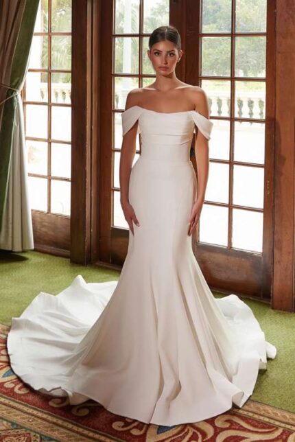 Straight Top Pleated Off-Shoulder Wedding Gown