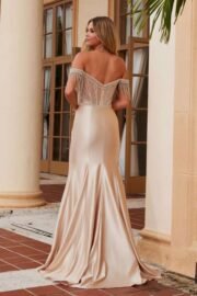 Satin Beaded Off-Shoulder Boned Waistline Dress - Image 6