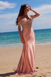 Satin Beaded Off-Shoulder Boned Waistline Dress - Image 4