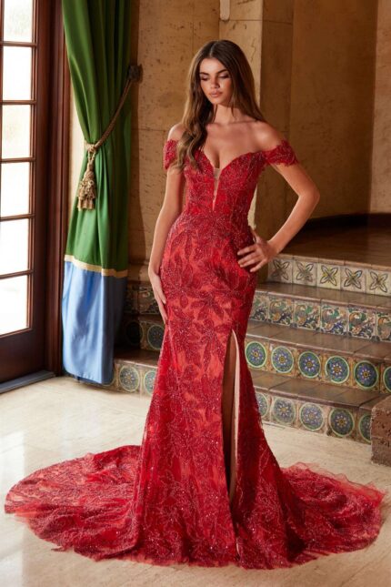 Off The Shoulder Fully Beaded Long Train Dress
