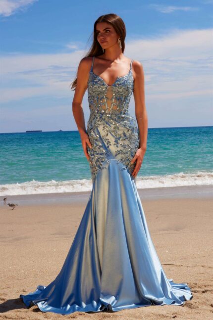 Satin Sequin Applique Boned Waist Mermaid Dress
