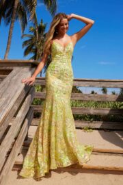 Deep V-Neck Floral Sequin Tulle Dress