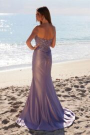 Satin Sheer Boned Applique with High Slit Dress - Image 2