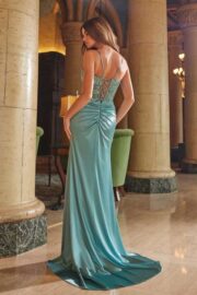 Sleeveless Floral Applique Satin Dress with Slit - Image 2