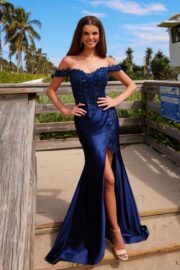 Satin Sweetheart Off-Shoulder Sheer Boned Bodice Dress - Image 9