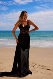 Sheer Corset Beaded Applique Dress with Slit - Image 5