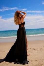Sheer Corset Beaded Applique Dress with Slit - Image 4