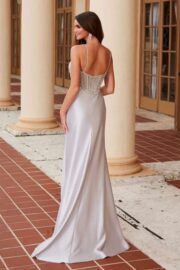 LONG SATIN DRESS WITH A SHEER BONED WAISTLINE FULLY BEADED TOP - Image 5