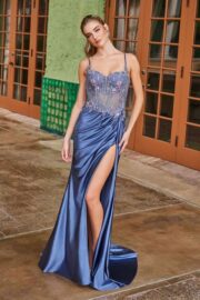 Sheer Boned Floral Bodice Dress with Pleated Skirt - Image 2