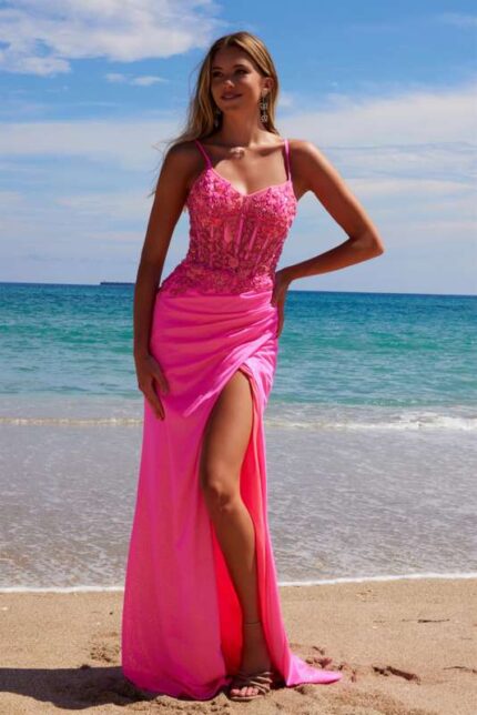 Glitter Satin Floral Embroidered Dress with Slit