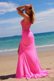 Glitter Satin Floral Embroidered Dress with Slit - Image 5