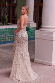 Sleeveless Fully Floral Sequin Sheer Boned Waistline Dress - Image 2