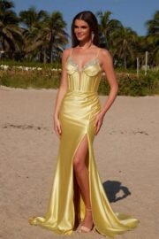 V-Neck Sequin Embellished Boned Corset Satin Dress - Image 8