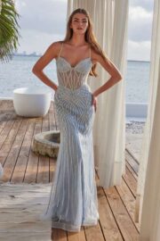 Sheer Boned Waistline Fully Beaded Lace up Dress - Image 5