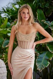 V-Neck Strapless Beaded Dress with Slit - Image 4