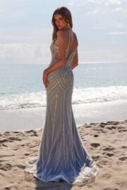 Sheer Boned Waistline Fully Beaded Lace up Dress - Image 3