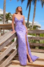 LONG DRESS FULLY BEADED FLOWER DESIGN SEQUIN APPLIQUE A SLIT - Image 2