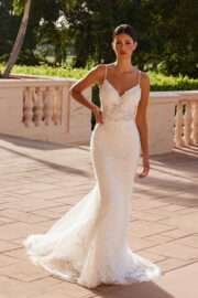 Low Back Flower Embroidered Tulle Wedding Gown