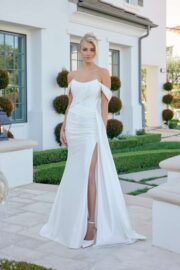 Off-Shoulder Pleated Satin Wedding Gown - Image 2