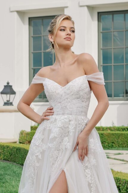 Off-Shoulder Embroidered Tulle A-line Wedding Gown