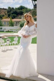 V-Neck Puff Sleeve Embroidered Trumpet Wedding Gown - Image 2