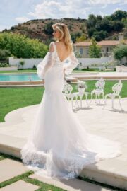 V-Neck Puff Sleeve Embroidered Trumpet Wedding Gown - Image 4