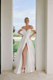 Satin Off-Shoulder A-line Wedding Dress with Slit - Image 2