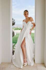 Satin Off-Shoulder A-line Wedding Dress with Slit - Image 3