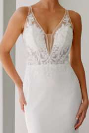 Deep V-neck Lace Trim Train Fitted Wedding Gown - Image 4