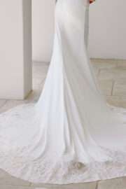 Deep V-neck Lace Trim Train Fitted Wedding Gown - Image 5