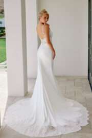 Deep V-neck Lace Trim Train Fitted Wedding Gown - Image 3