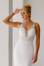 Deep V-neck Lace Trim Train Fitted Wedding Gown