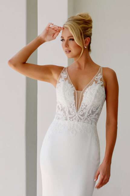 Deep V-neck Lace Trim Train Fitted Wedding Gown