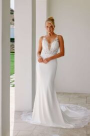 Deep V-neck Lace Trim Train Fitted Wedding Gown - Image 2