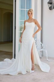 Strapless Pleated Bodice Wedding Gown with SLIT