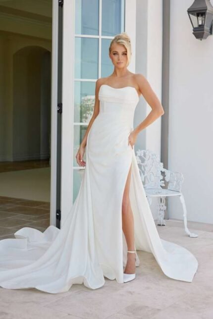 Strapless Pleated Bodice Wedding Gown with SLIT