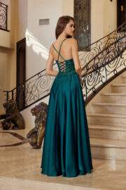A-Line Stretch Satin Lace-Up Back Sequined Woven Applique - Image 4