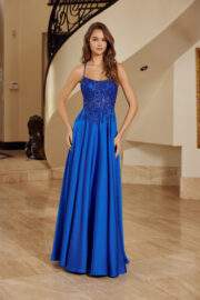 A-Line Stretch Satin Lace-Up Back Sequined Woven Applique - Image 3