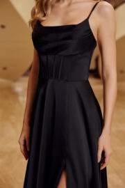 A-LINE SCOOP NECKLINE STRETCH SATIN BONED BODICE THIGH SLIT - Image 12