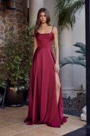 A-LINE SCOOP NECKLINE STRETCH SATIN BONED BODICE THIGH SLIT - Image 9