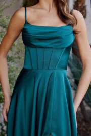 A-LINE SCOOP NECKLINE STRETCH SATIN BONED BODICE THIGH SLIT - Image 6