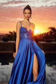 FITTED STRETCH SATIN SWEETHEART NECKLINE ILLUSION BODICE WITH APPLIQUE