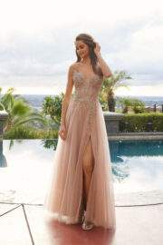 MESH A-LINE PEAKED NECKLINE SEQUIN EMBELLISHMENTS THIGH SLIT - Image 5